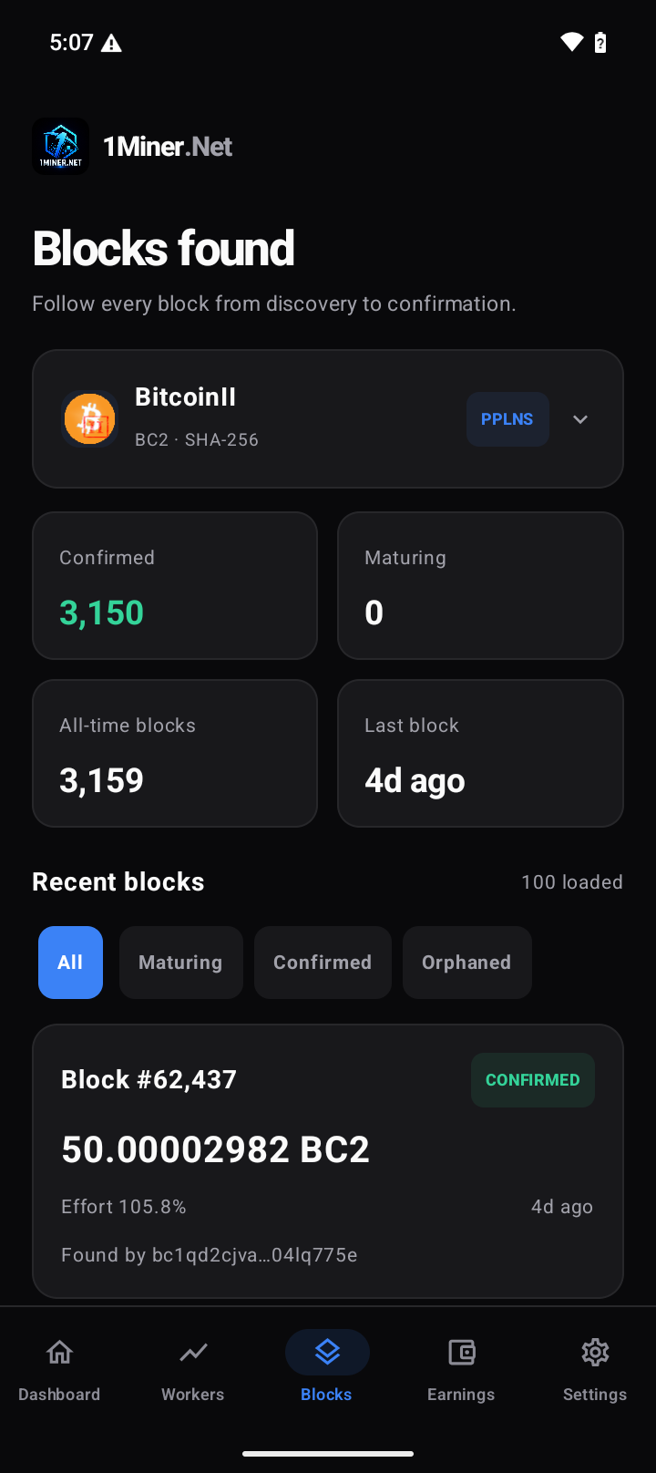 1Miner.Net Android blocks screen showing recent blocks and their confirmation status