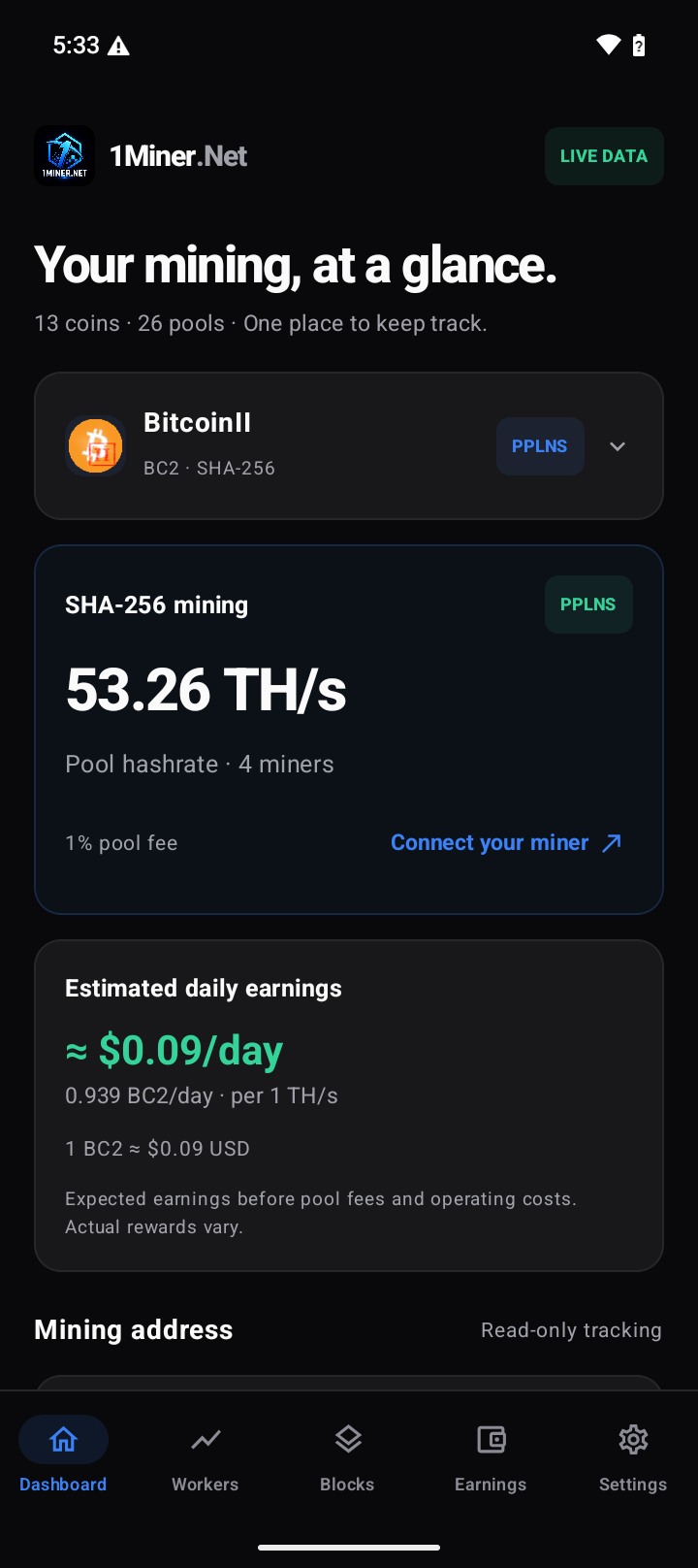 1Miner.Net Android dashboard showing pool hashrate, workers and network statistics