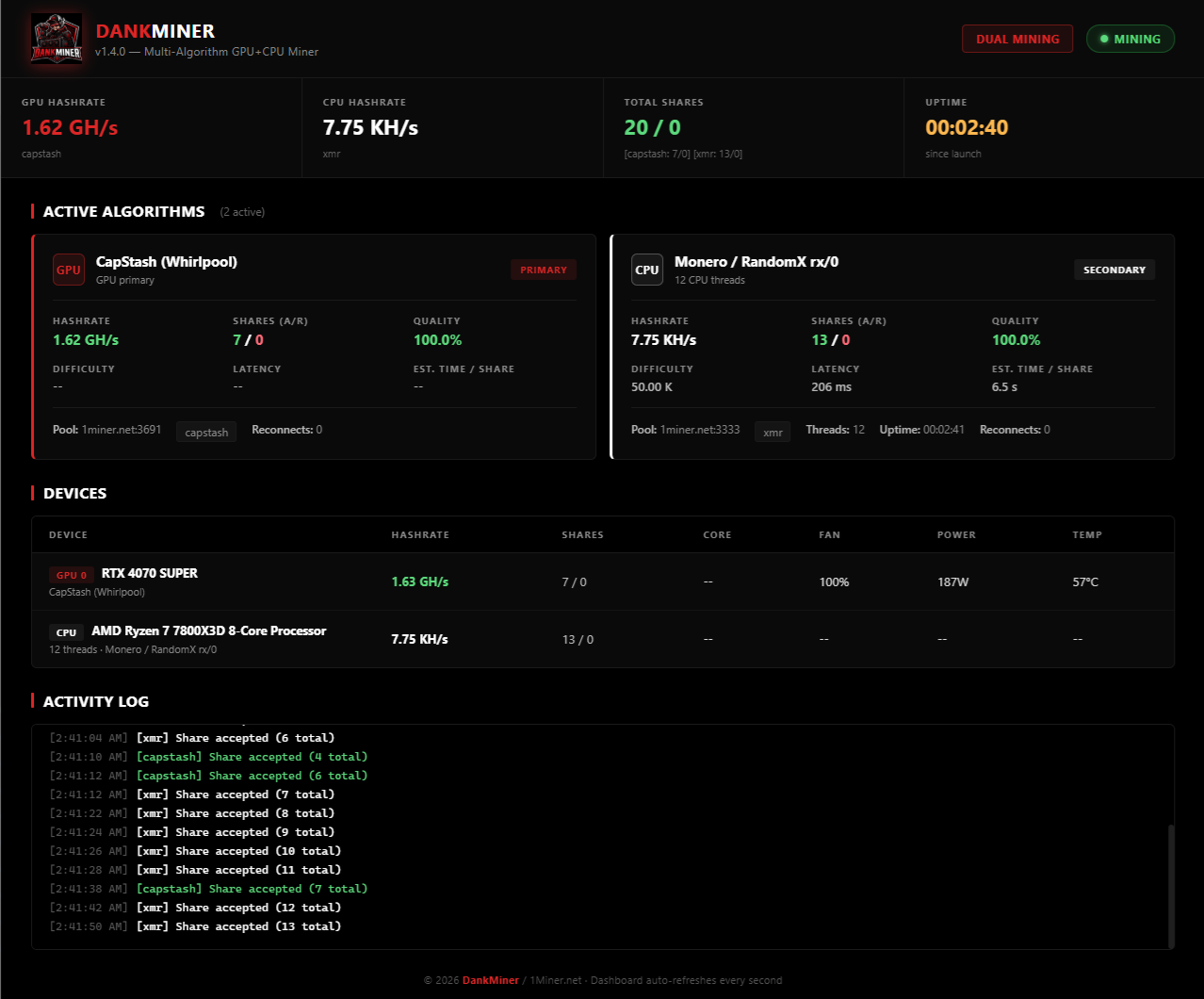 DankMiner web dashboard at localhost:4068
