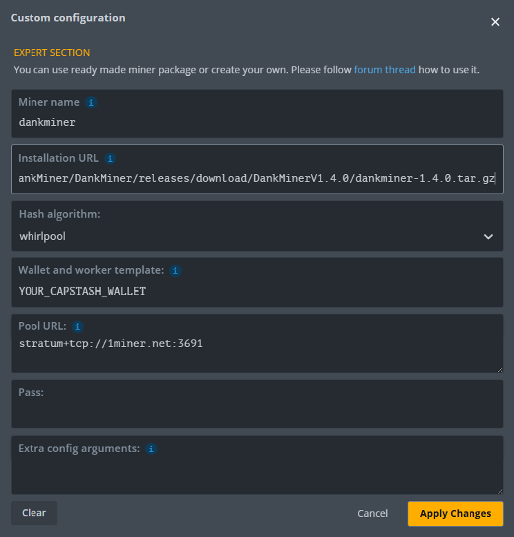 Example HiveOS flight sheet for DankMiner